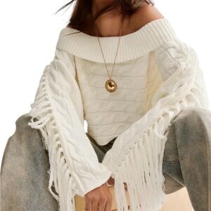 Nasty Gal Off-Shoulder Cream Fringe Sweater